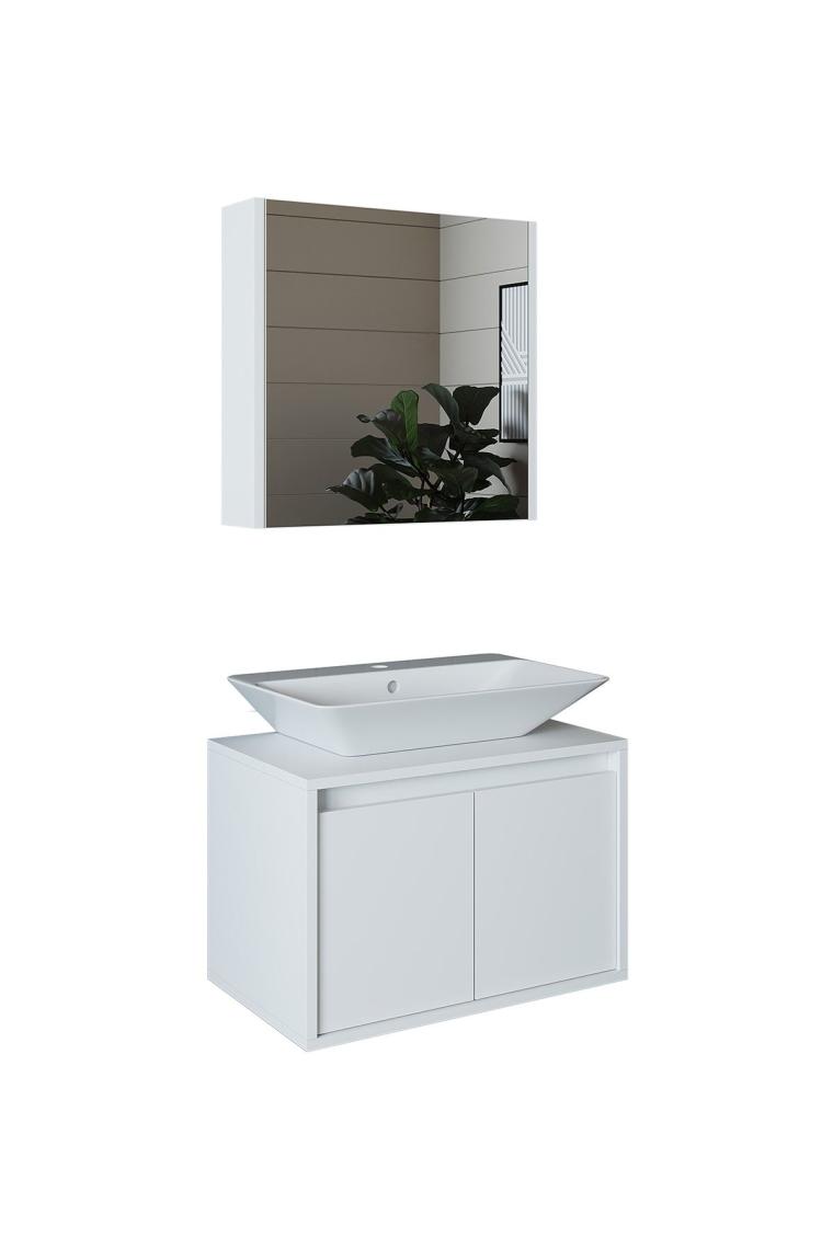 Banos Banyo Tm7.2 Lavabolu Mat Beyaz Mdf 65 Cm Banyo Dolabı + Aynalı Banyo Üst Dolabı