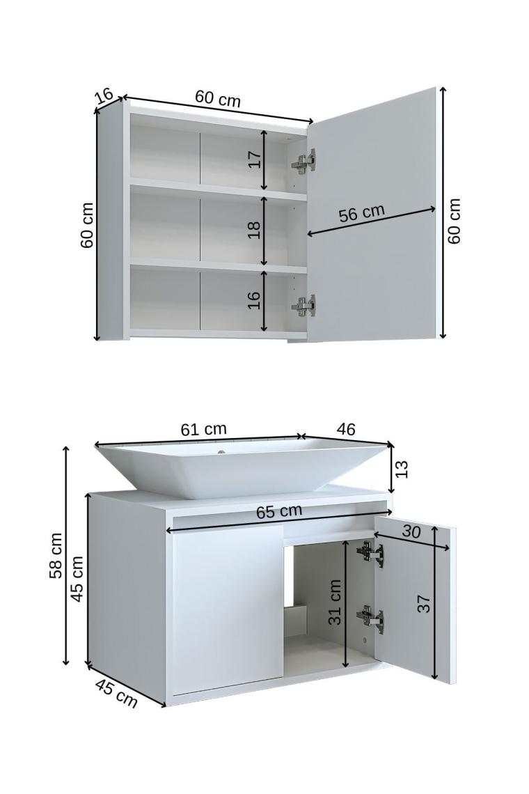 Banos Banyo Tm7.2 Lavabolu Mat Beyaz Mdf 65 Cm Banyo Dolabı + Aynalı Banyo Üst Dolabı