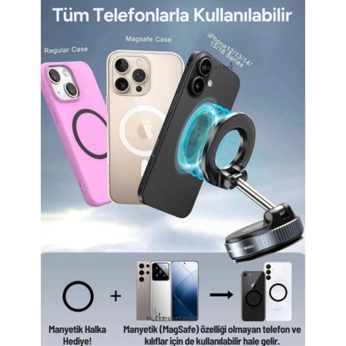 M.tk moveteck Magsafe Telefon Tutucu Tüm Yüzeylerle Uyumlu Vakumlu Sökülebilir 360 Oynar Başlıklı Üniversal Telefon Tutucu K007