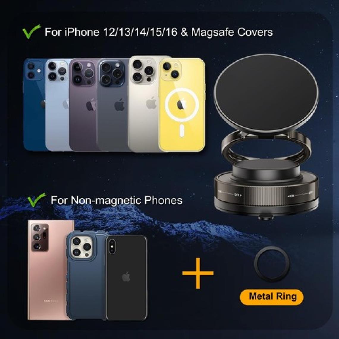 M.tk moveteck Metalik Magsafe Telefon Tutucu Tüm Yüzeylerle Uyumlu Vakumlu 360 Dönen Oynar Başlık Universal Telefon Tutucu Katlanır Ayna-Cam-Araba-Mutfak Vb.