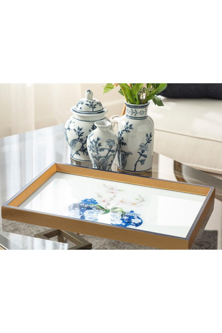 Bleu Blanc Cam Dekoratif Tepsi 31x46 Cm Gold