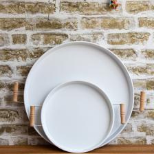 2'li Ahşap Kulplu 45 cm Metal Tepsi Ve 30 Cm Beyaz Tepsi Çay Kahve Sunum Tepsisi