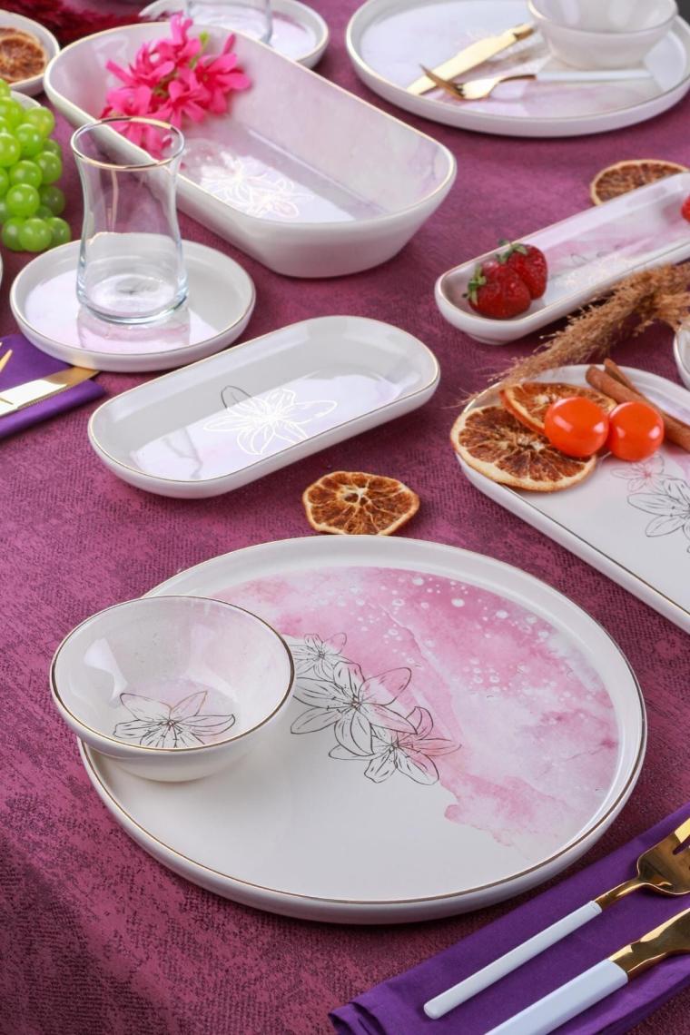Adore 6 Kişilik 31 Parça Pembe Beyaz Çiçekli Kahvaltı Takımı 12212