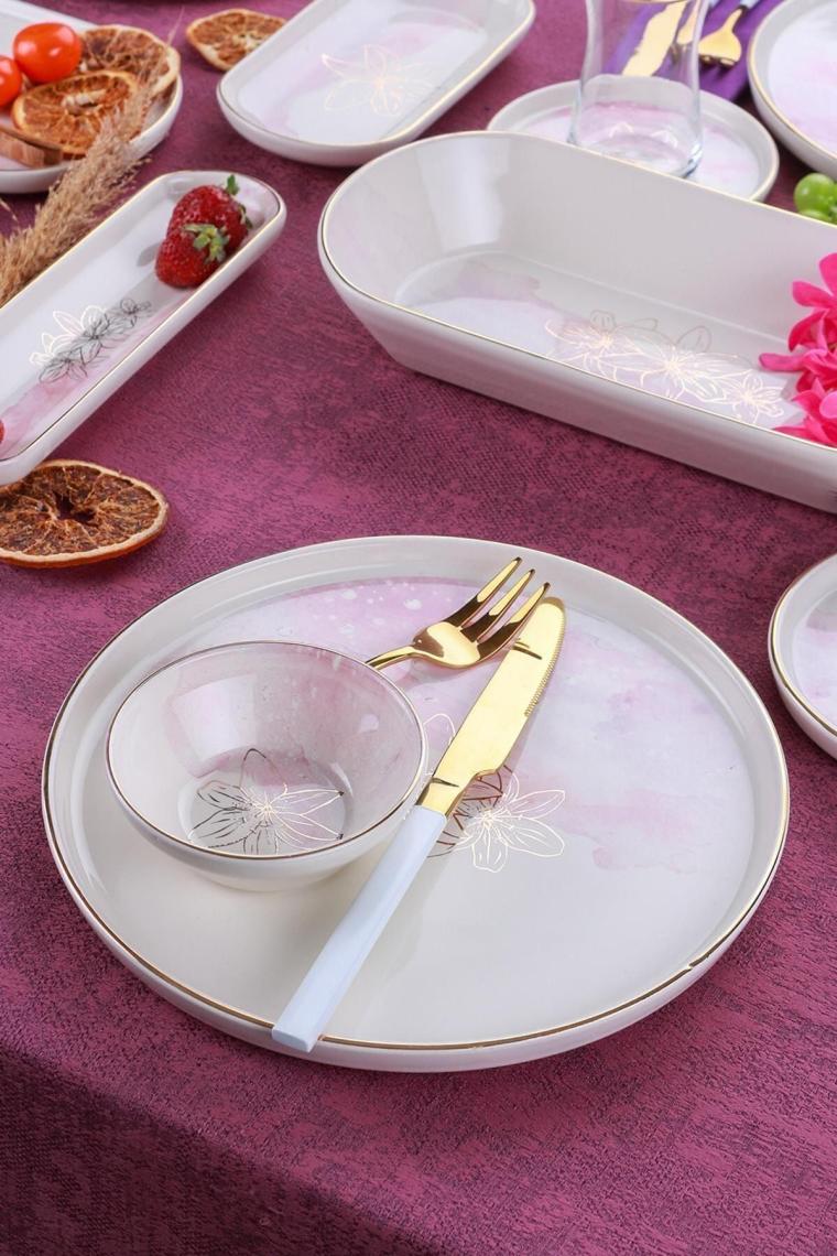 Adore 6 Kişilik 31 Parça Pembe Beyaz Çiçekli Kahvaltı Takımı 12212