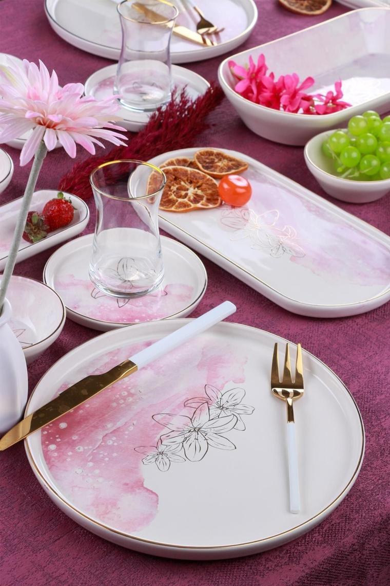 Adore 6 Kişilik 31 Parça Pembe Beyaz Çiçekli Kahvaltı Takımı 12212