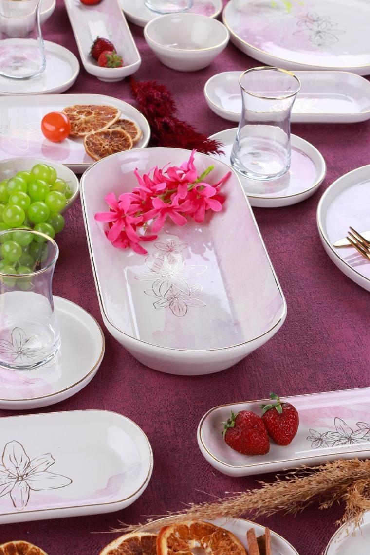 Adore 6 Kişilik 31 Parça Pembe Beyaz Çiçekli Kahvaltı Takımı 12212