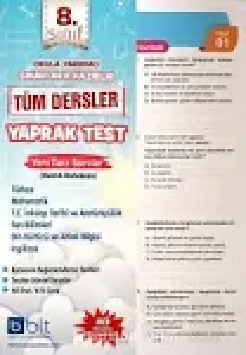 Bulut Eğitim ve Kültür Yayınları Eğitim 8. Sınıf Tüm Dersler Yaprak Test