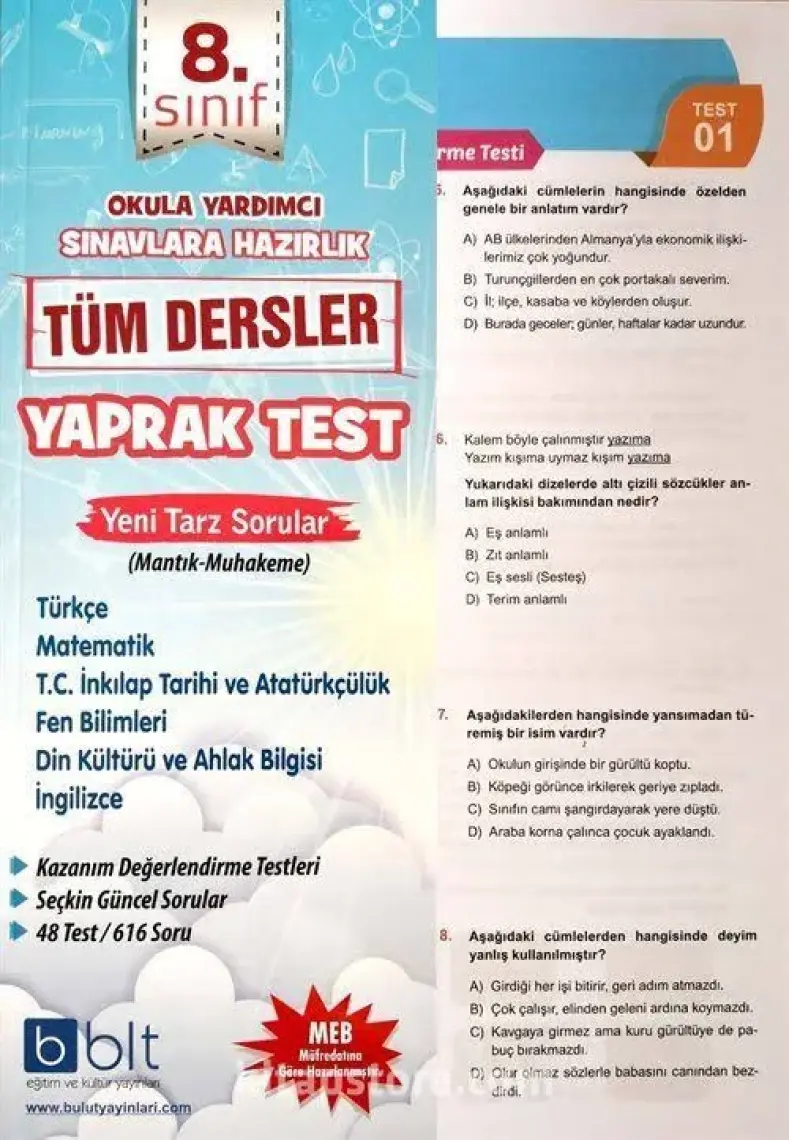 Bulut Eğitim ve Kültür Yayınları Eğitim 8. Sınıf Tüm Dersler Yaprak Test