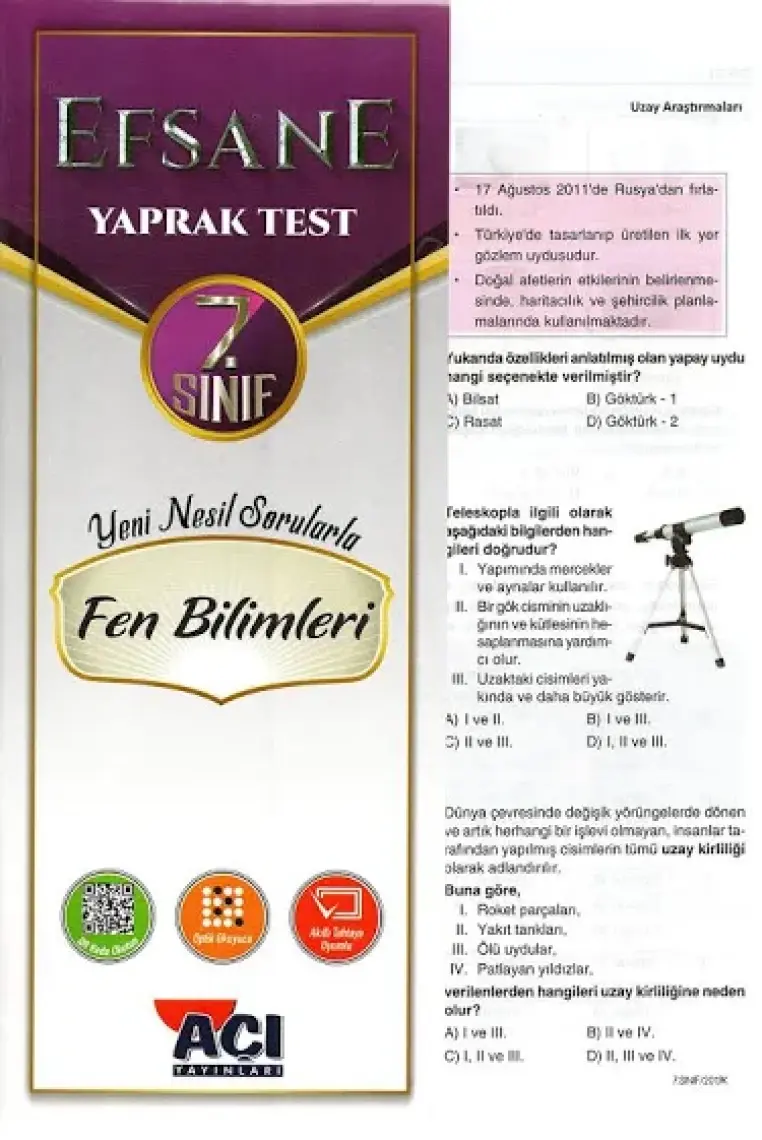 Açı Yayınları 7. Sınıf Fen Bilimleri Çek Kopart Yaprak Test