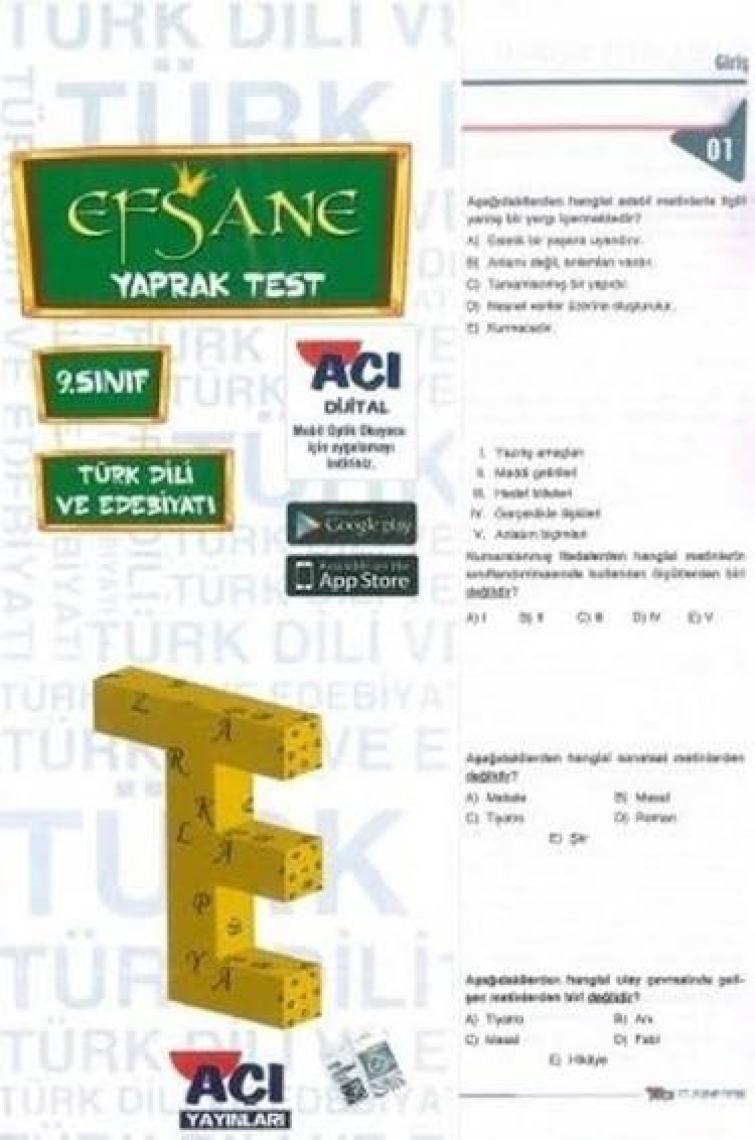 Açı Yayınları 9. Sınıf Tük Dili ve Edebiyatı Çek Kopart Yaprak Test