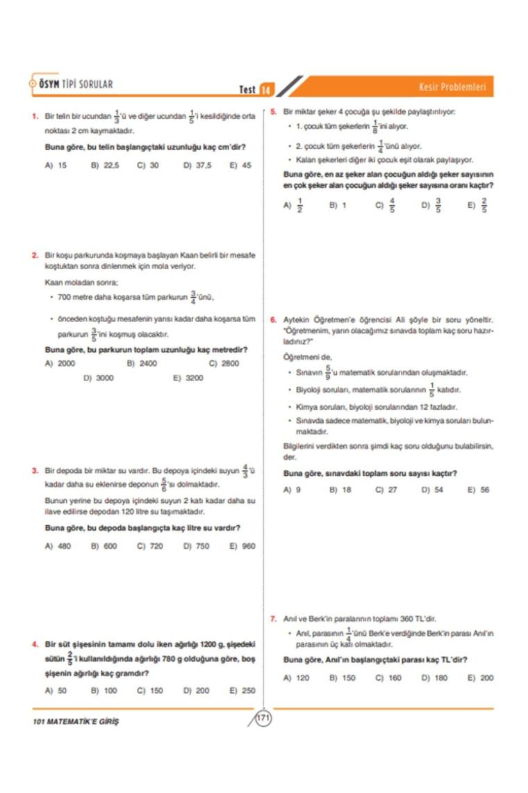 Açı Yayınları Matematik E Giriş 101 Soru Bankası