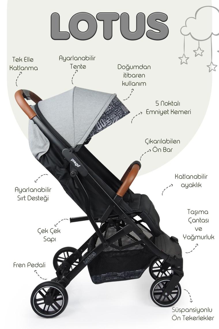 Lotus Tek Elle Katlanabilir Kabin Boy Bebek Arabası Yağmurluk Hediyeli