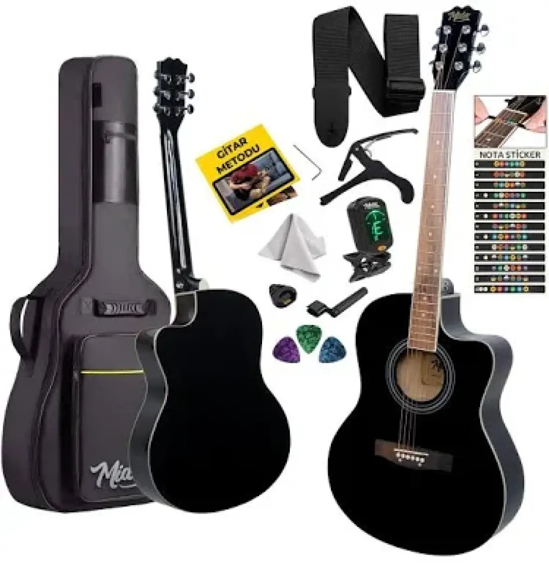 Midex XC-200BK Kesik Kasa Siyah Akustik Gitar 4/4 Yetişkin Üst Segment (Gigbag Çanta Tuner Capo Askı Pena)