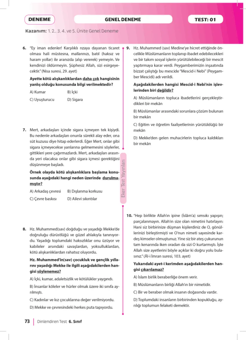 Eker Test Yayınları 6. Sınıf Dinlendiren Test 2019