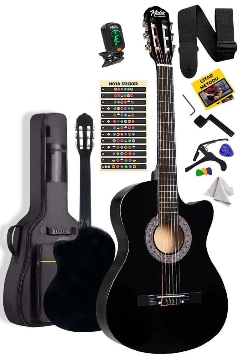 Midex CG-390BK-XBAG Siyah Klasik Gitar 4/4 Sap Ayarlı Kesik Kasa Full Set (Çanta Tuner Askı Capo Metod Pena)