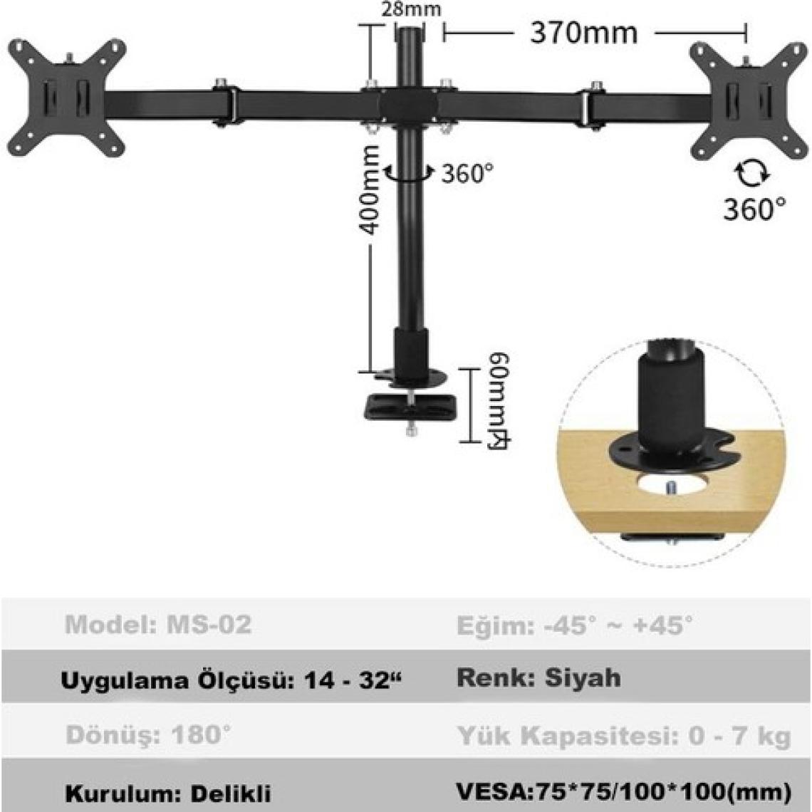Dailytech Masaüstü Ayarlanabilir 14-32” Çift Kol Monitör Tutucu
