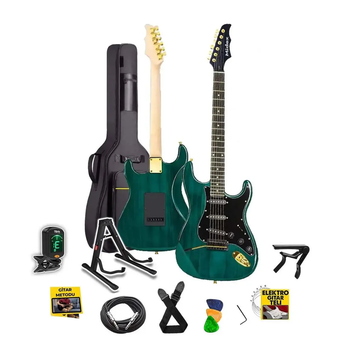 Midex GLC-40GR Profesyonel Elektro Gitar Yeşil (Stand Gigbag Askı Capo Tuner Pena Kablo Yedek Tel)