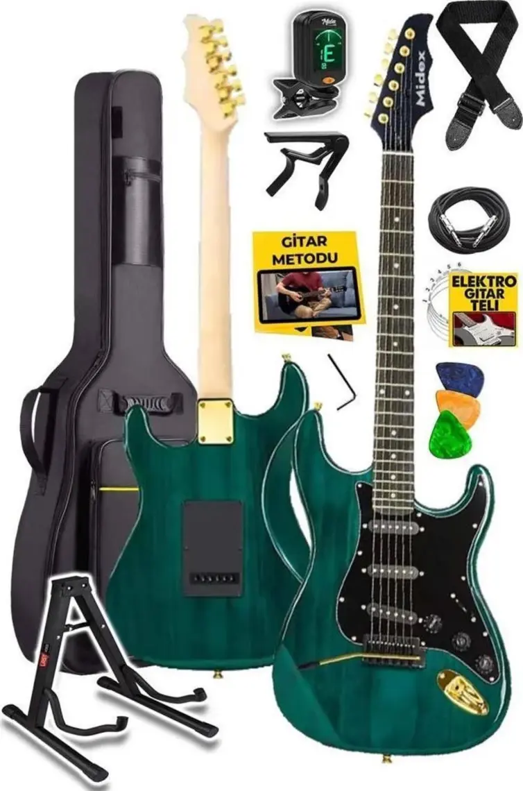 Midex GLC-40GR Profesyonel Elektro Gitar Yeşil (Stand Gigbag Askı Capo Tuner Pena Kablo Yedek Tel)