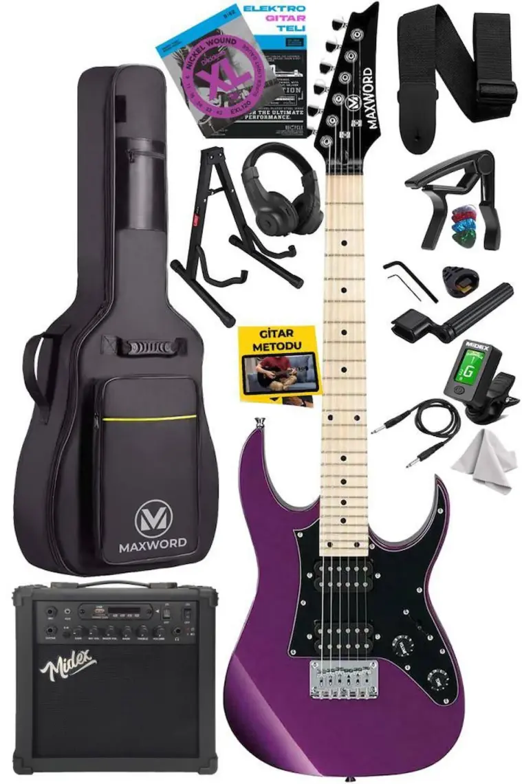 Maxword DE-150PU-25AMP Maple Klavye HH 25 W Amfili Elektro Gitar Seti