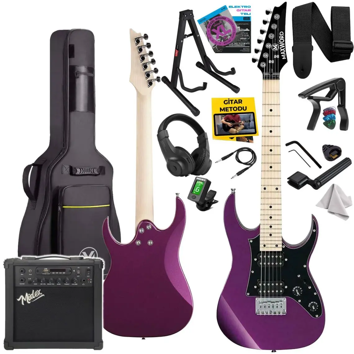 Maxword DE-150PU-25AMP Maple Klavye HH 25 W Amfili Elektro Gitar Seti