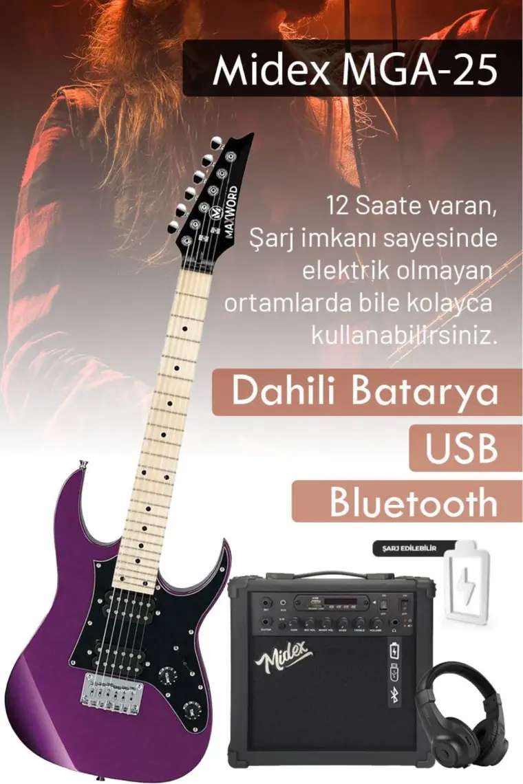 Maxword DE-150PU-25AMP Maple Klavye HH 25 W Amfili Elektro Gitar Seti