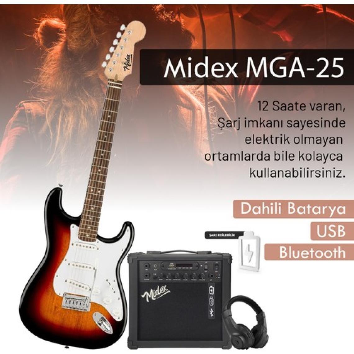 Midex RPH-30SB-25AMP Gül Klavye SSS 25W Amfili Elektro Gitar Seti