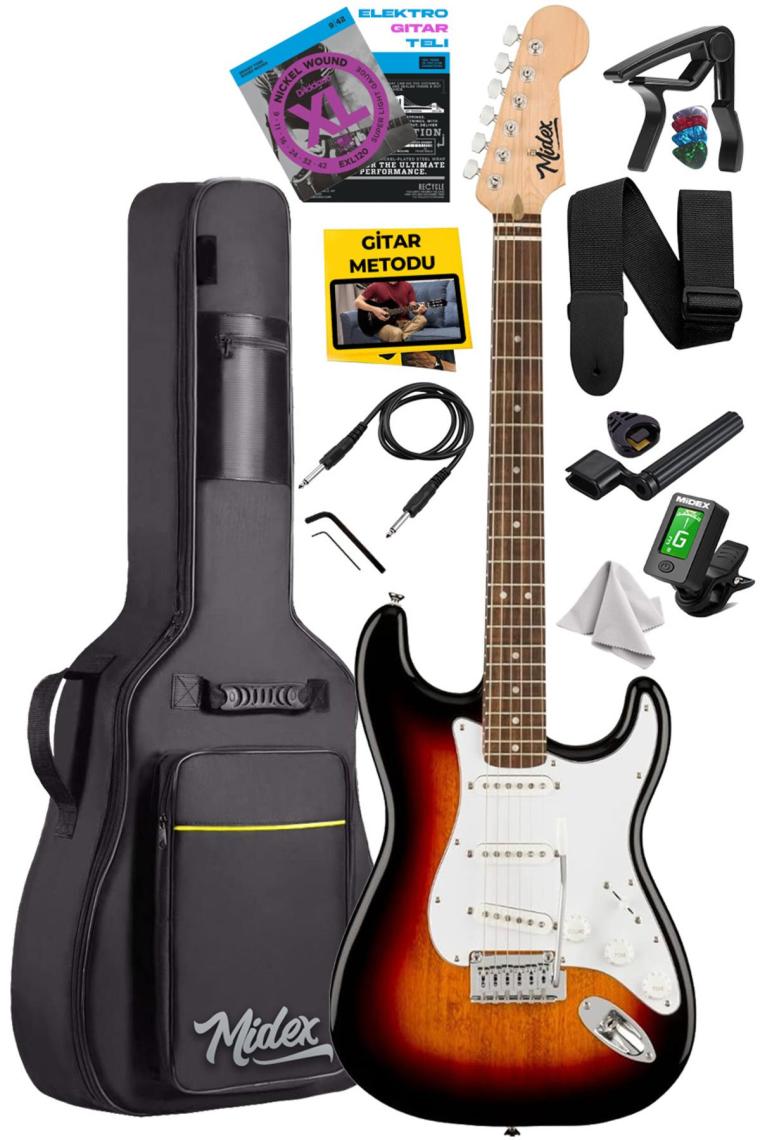 Midex RPH-30SB Gül Klavye Strat Kasa Sss Elektro Gitar Seti