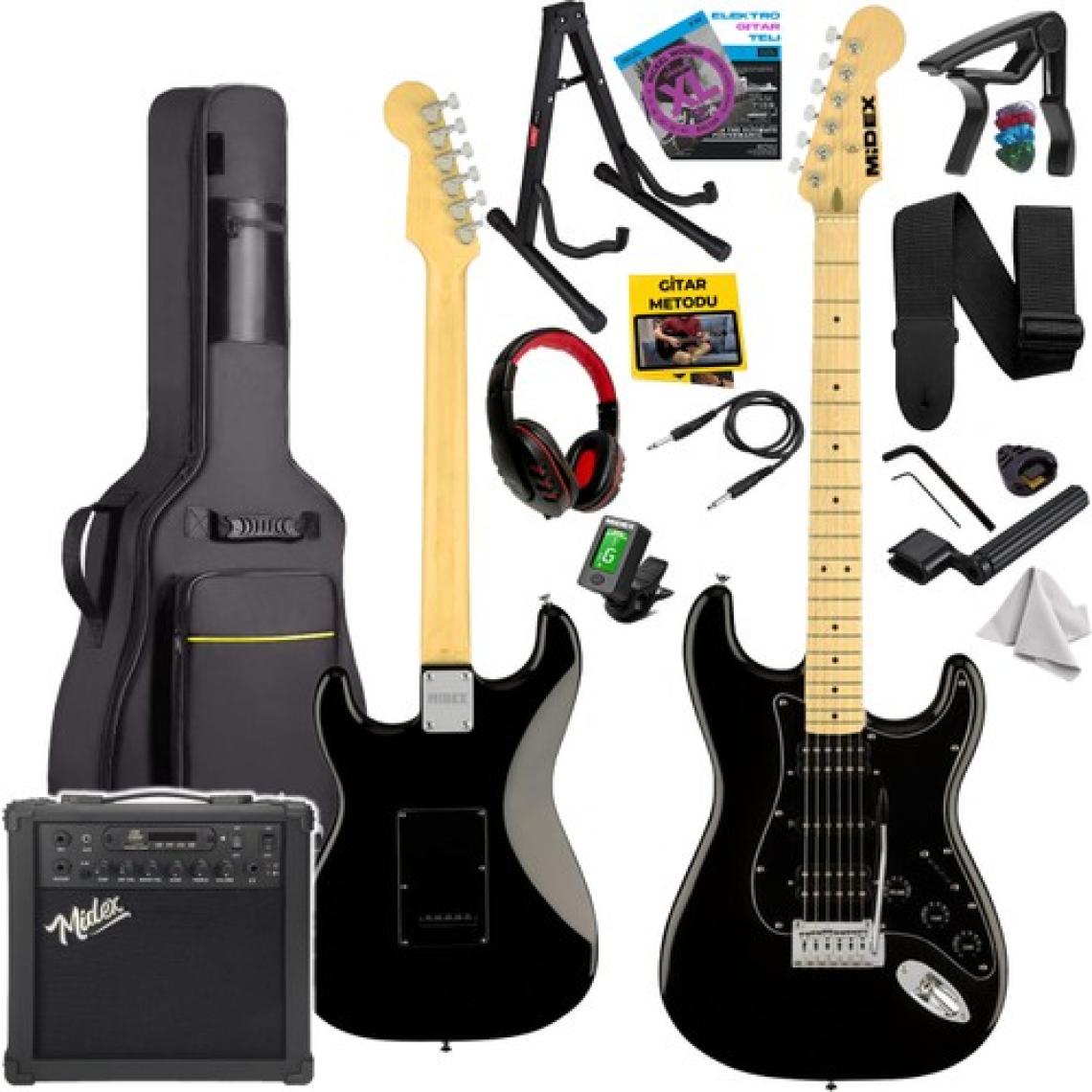 Midex RPH-40BK-25AMP Elektro Gitar Seti 25 WATT GAİN'Lİ Bluetooth Şarjlı Amfi ve Full SET