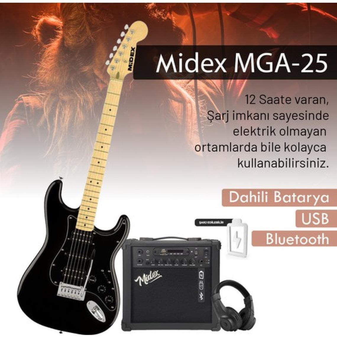 Midex RPH-40BK-25AMP Elektro Gitar Seti 25 WATT GAİN'Lİ Bluetooth Şarjlı Amfi ve Full SET