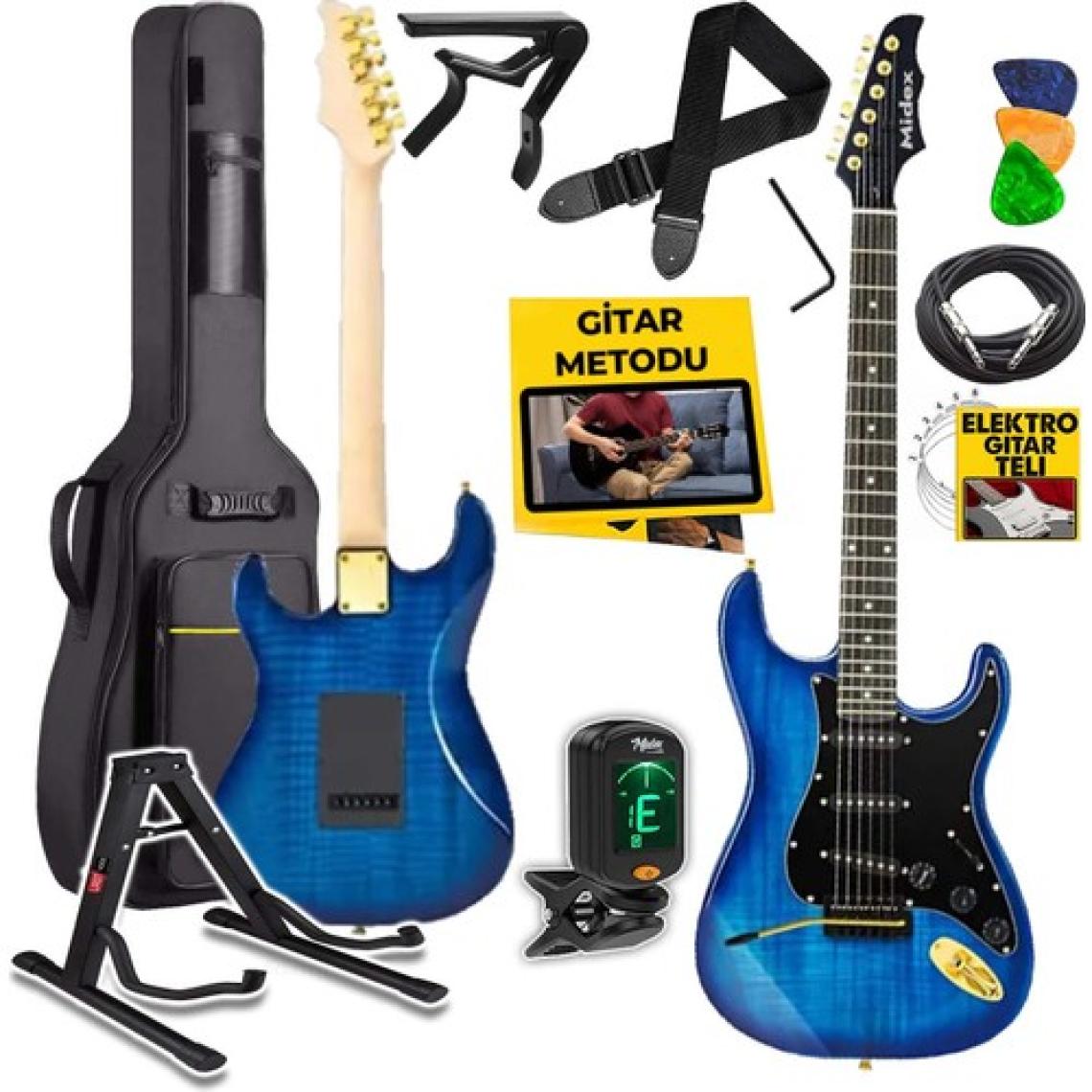 Midex GLC-40BL Profesyonel Elektro Gitar Mavi (Stand Gigbag Askı Capo Tuner Pena Kablo Yedek Tel)