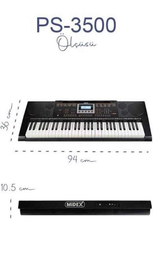 Midex PS-3500K Tuş Hassasiyetli 61 Tuşlu Org (Çanta Kulaklık Notalık Adaptör Metod)