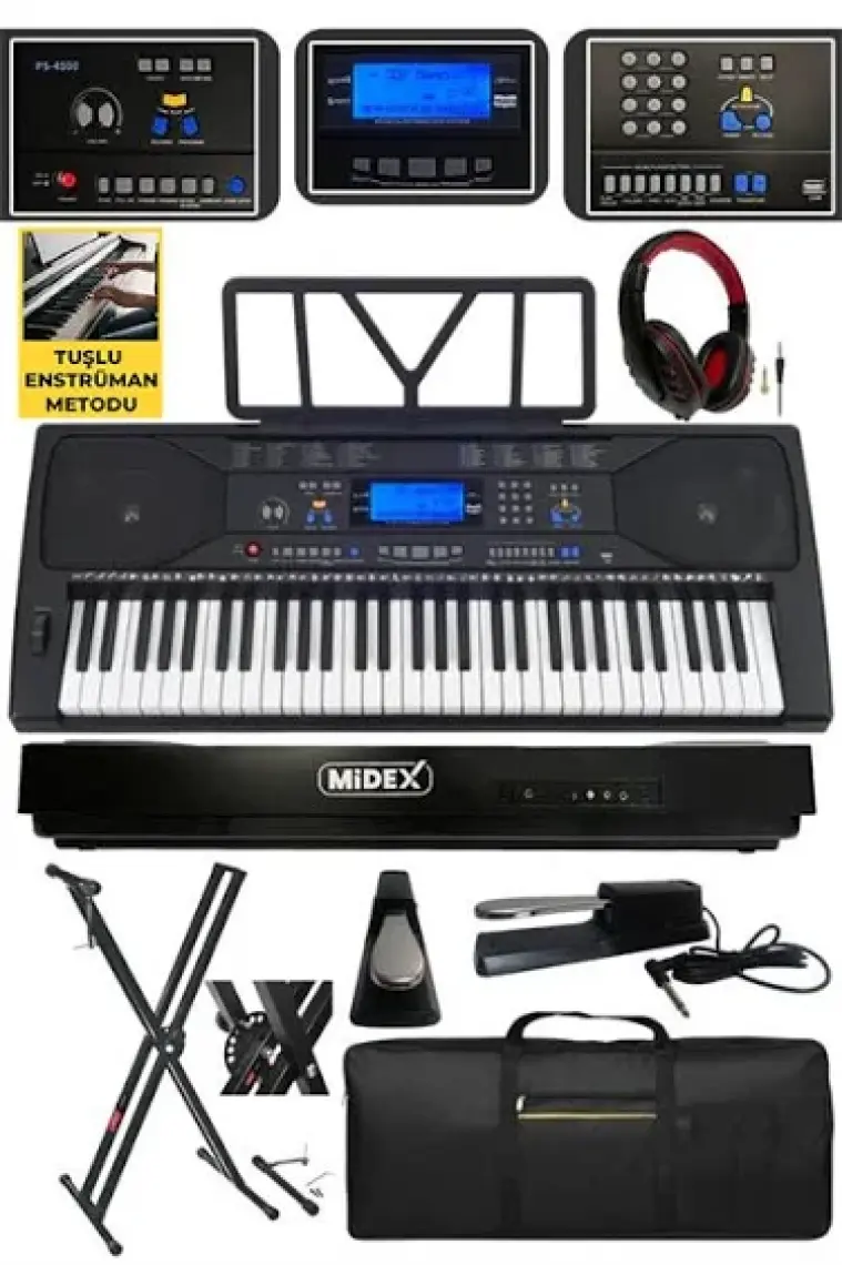 Midex PS-4500KSP Tuş Hassasiyetli 61 Tuşlu Org Sustain Pedallı USB MP3 (Pedal Stand Kulaklık Çanta Notalık Metod)