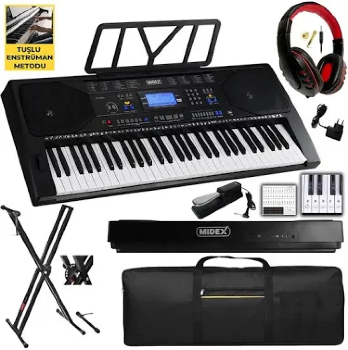 Midex PS-4500KSP Tuş Hassasiyetli 61 Tuşlu Org Sustain Pedallı USB MP3 (Pedal Stand Kulaklık Çanta Notalık Metod)