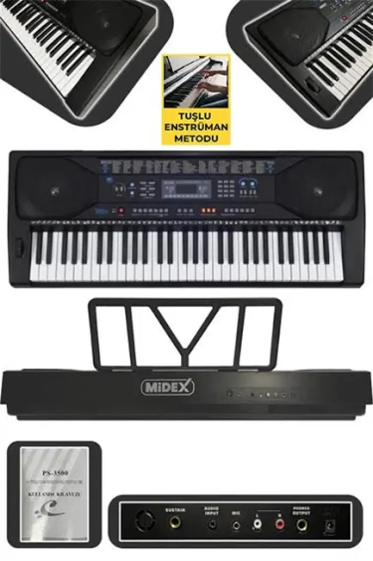 Midex PS-3500 Tuş Hassasiyetli Org 61 Tuşlu Org 5 Oktav Çanta Nota Standı Adaptör Metod (300 Ses 300 Ritim)