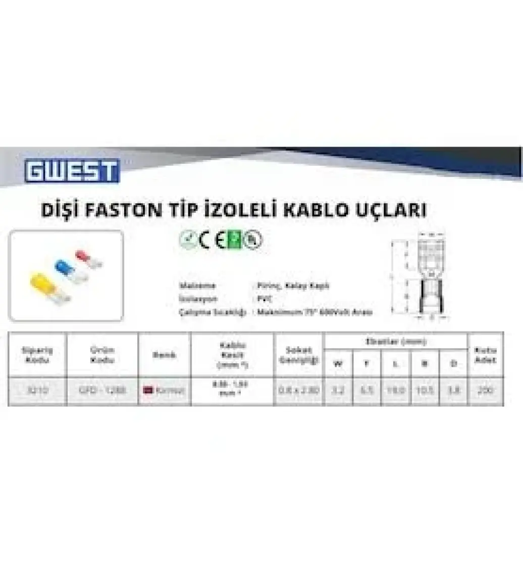 Gwest Gfd-1288 Dişi Faston Tip İzoleli Kablo Ucu