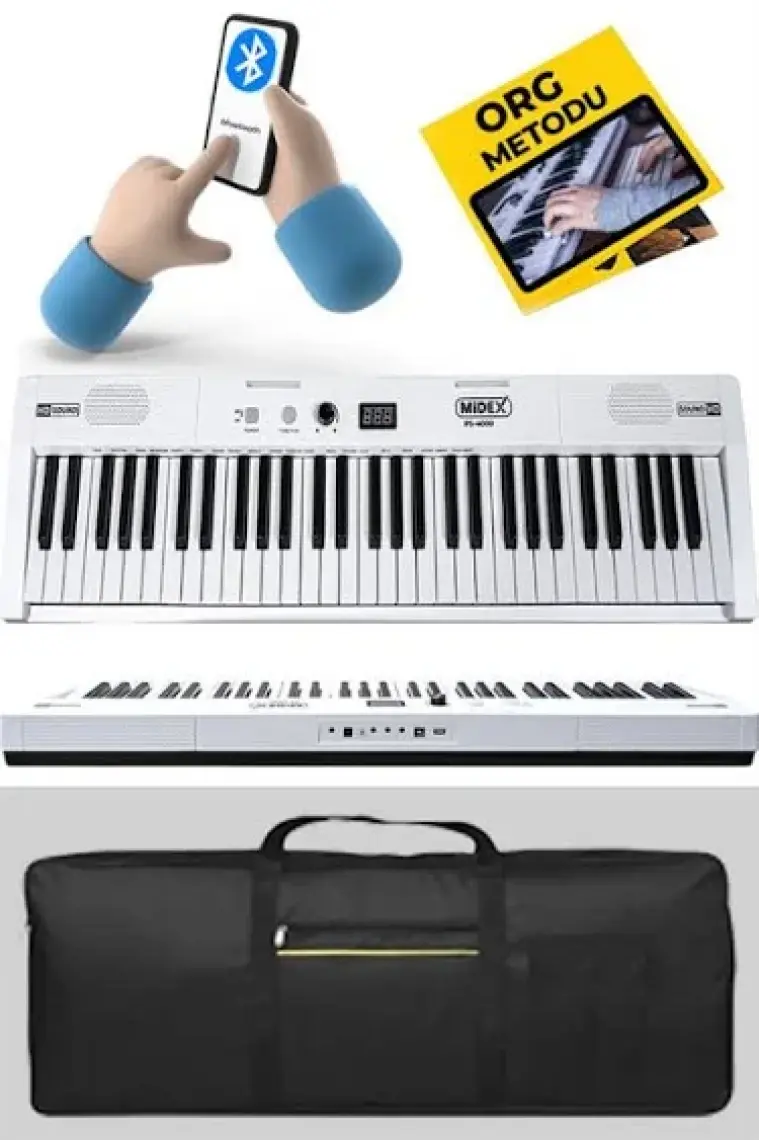Midex PS4000WH Tuş Hassasiyetli 61 Tuşlu Org Bluetooth USB Midi METOD (Sustain Pedalı Çanta)