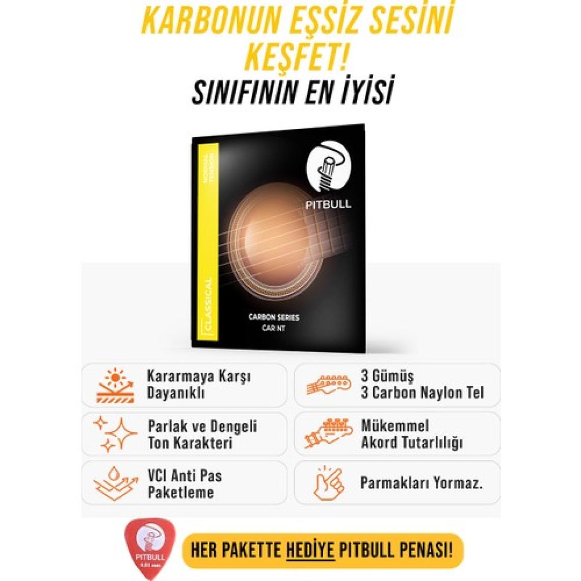 Pitbull Strings Carbon Seri Dengeli Ton Karakteri Mükemmel Akord Tutarlılığı Klasik Gitar Teli Takım + Pena Car