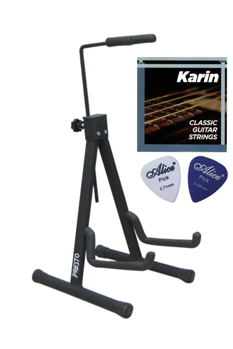 Presto Sap Dayamalı Gitar Standı Sehpası , Karin Tel Takımı ve 2 Adet Pena