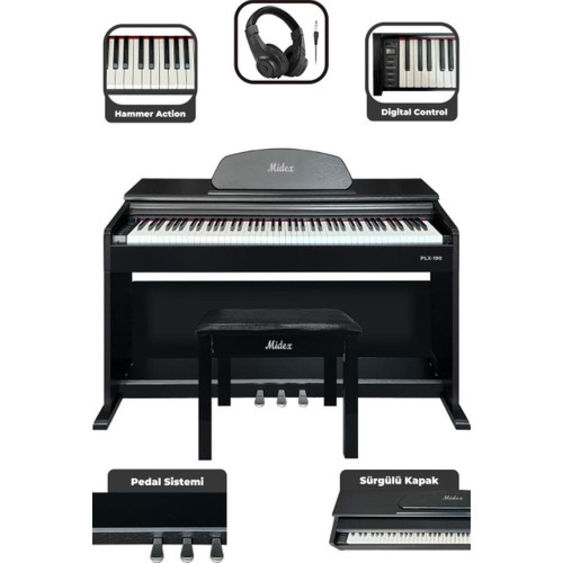 Midex PLX-190BK Siyah Dijital Piyano 88 Tuşlu Hammer Action ve Tuş Hassasiyeti