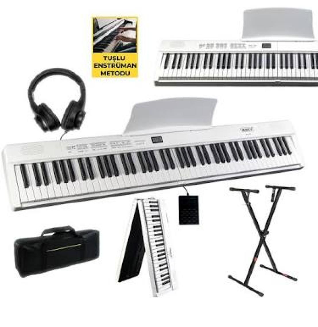 Midex PLX-80WHST Taşınabilir Katlanır Dijital Piyano Tuş Hassasiyetli 88 Tuş BT (Stand Sustain Kulaklık Çanta Metod)