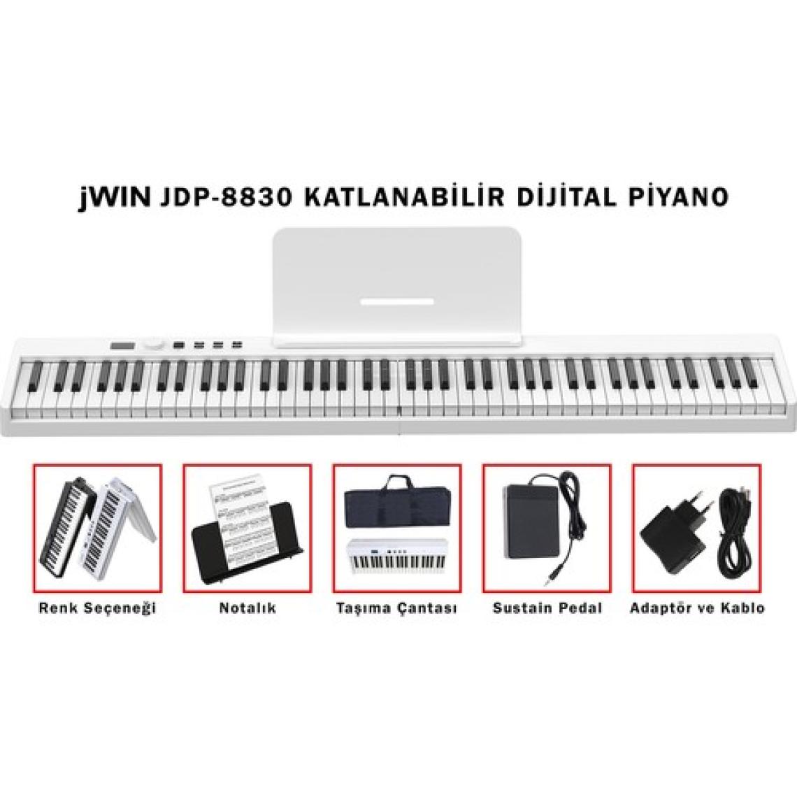 Jwin JDP-8830 Tuş Hassasiyetli Katlanabilir Bluetooth + Şarjlı Piyano - Beyaz