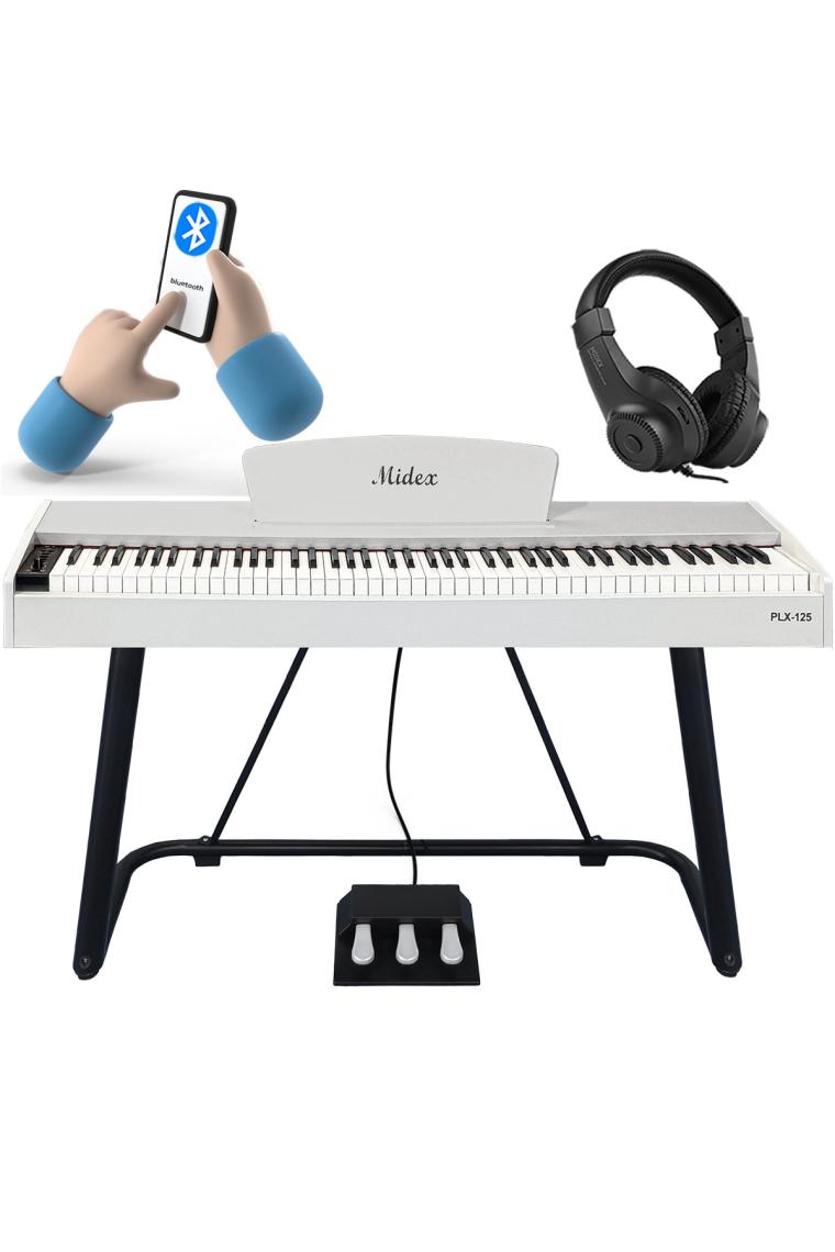 Midex PLX-125WH Taşınabilir Dijital Piyano Tuş Hassasiyetli 88 Tuş Bluetooth (Stand Ve kulaklık Ile)