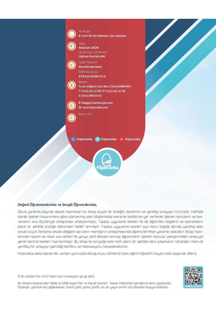 Hiper Zeka 8. Sınıf Ilk Fen Bilimleri Haftalık Soru Bankası