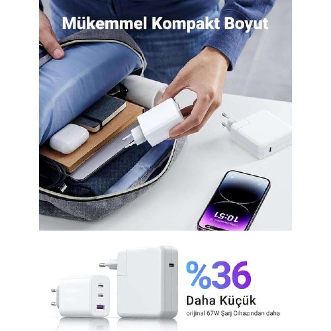 Case 4U  2x Type-C + USB-A Çıkışlı 65W GAN Şarj Cihazı - Akım Korumalı iPhone, Android, Macbook Uyumlu Hızlı Şarj Adaptörü Beyaz