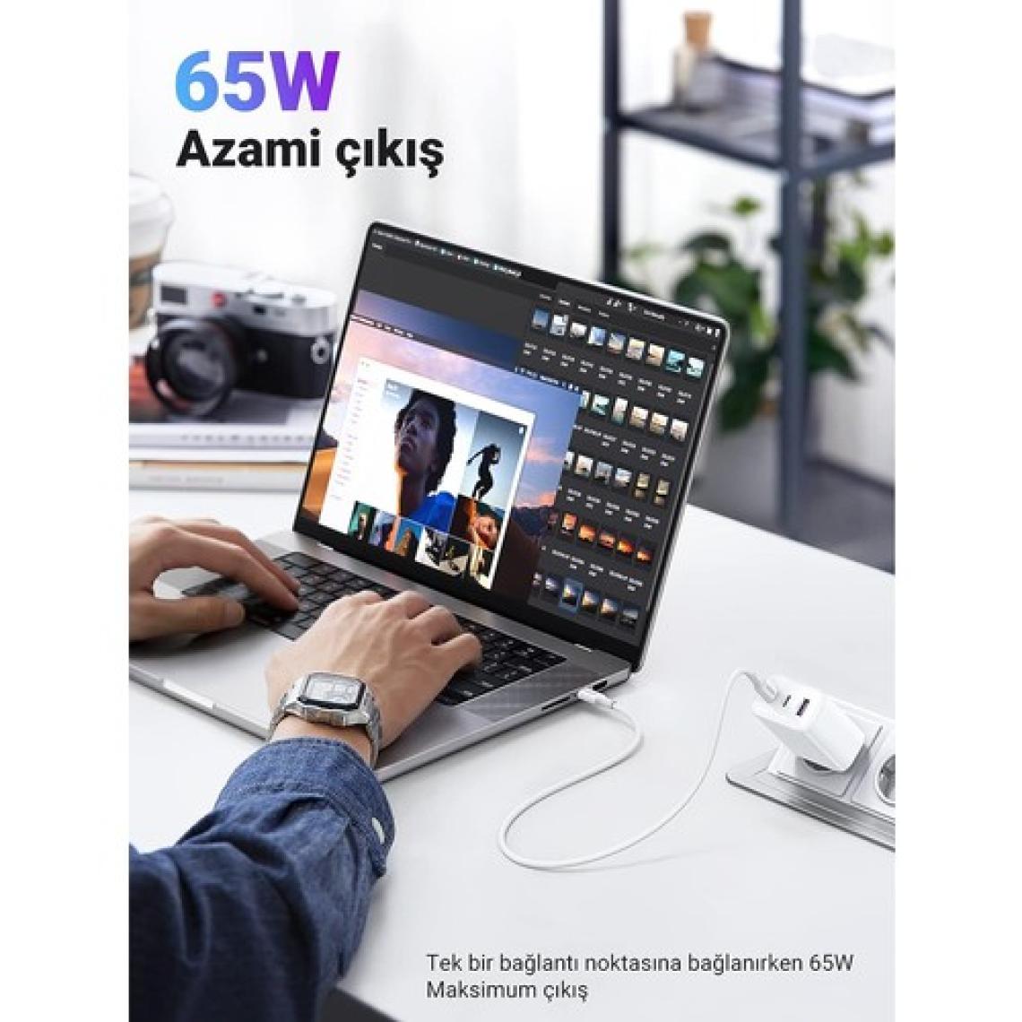 Case 4U  2x Type-C + USB-A Çıkışlı 65W GAN Şarj Cihazı - Akım Korumalı iPhone, Android, Macbook Uyumlu Hızlı Şarj Adaptörü Beyaz