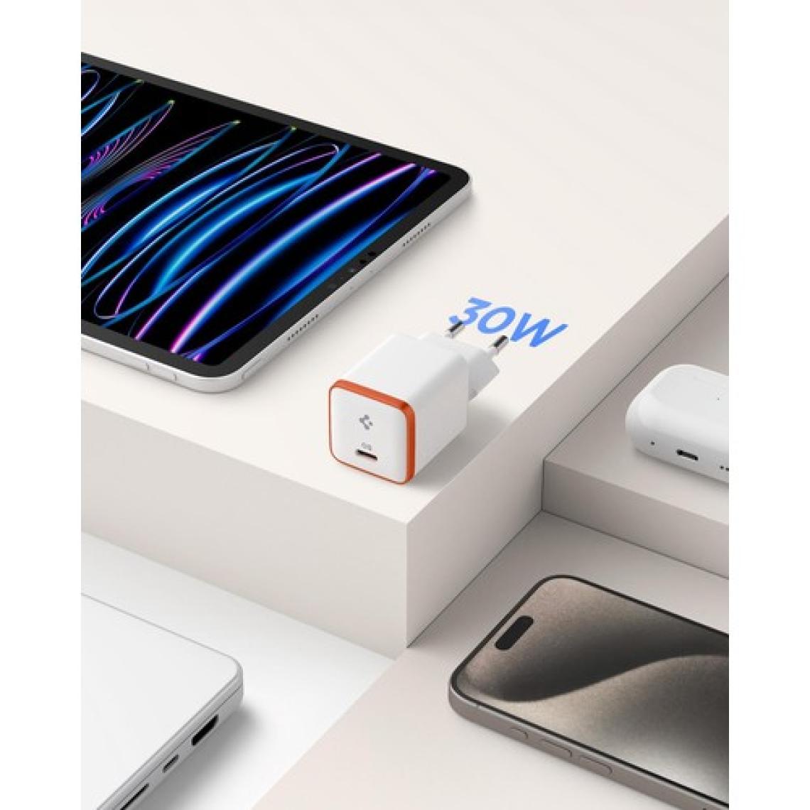 Spigen 30W USB-C Ultra Mini Hızlı Şarj Aleti Samsung PPS / Isı Düşürücü GaN Destekli Akım Korumalı Güç Adaptörü iPhone & Android & iPad & MacBook Type-C White - ACH08449