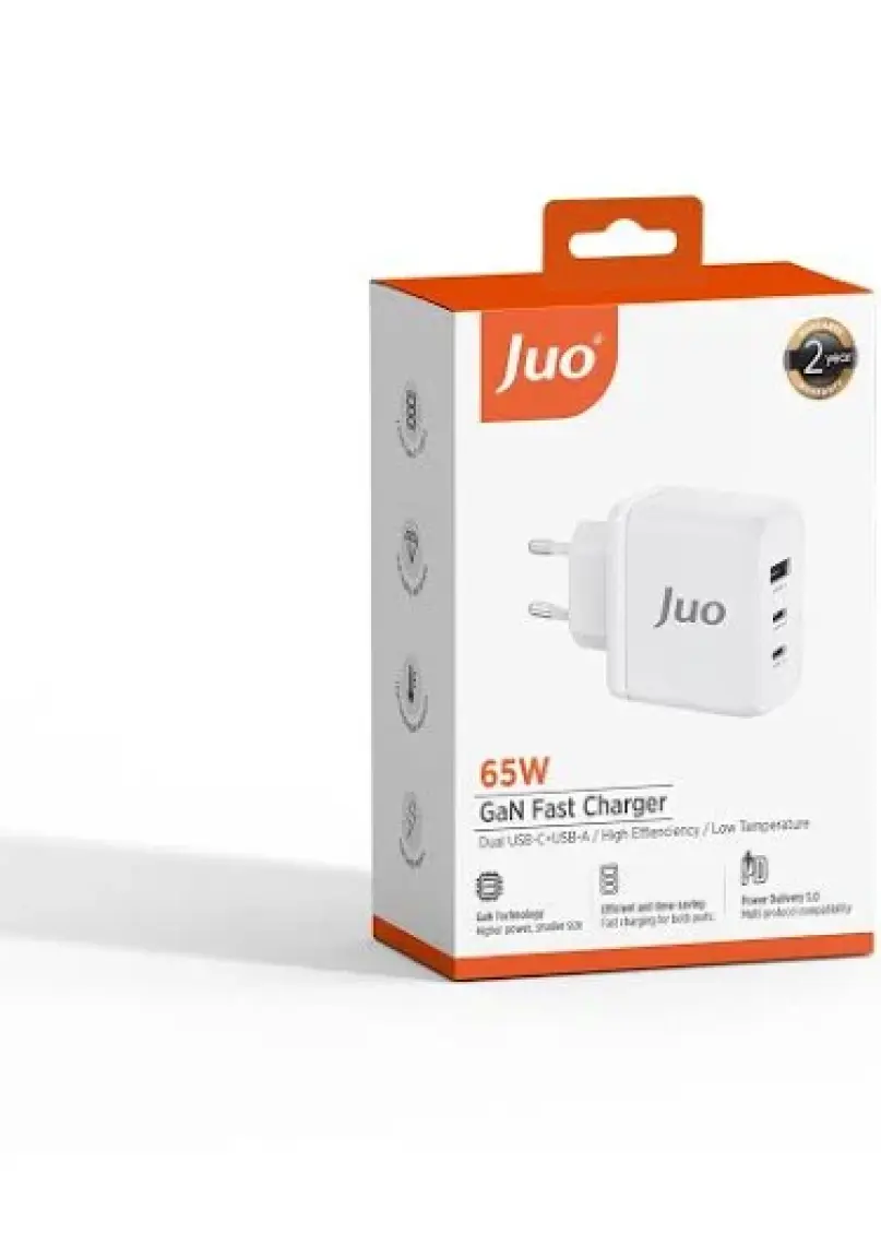 Juo 65W Usb-C + Usb-A 3 Portlu Gan Şarj Aleti iPhone & Macbook & Notebook Uyumlu Pd Type-C Hızlı Şarj Cihazı Beyaz