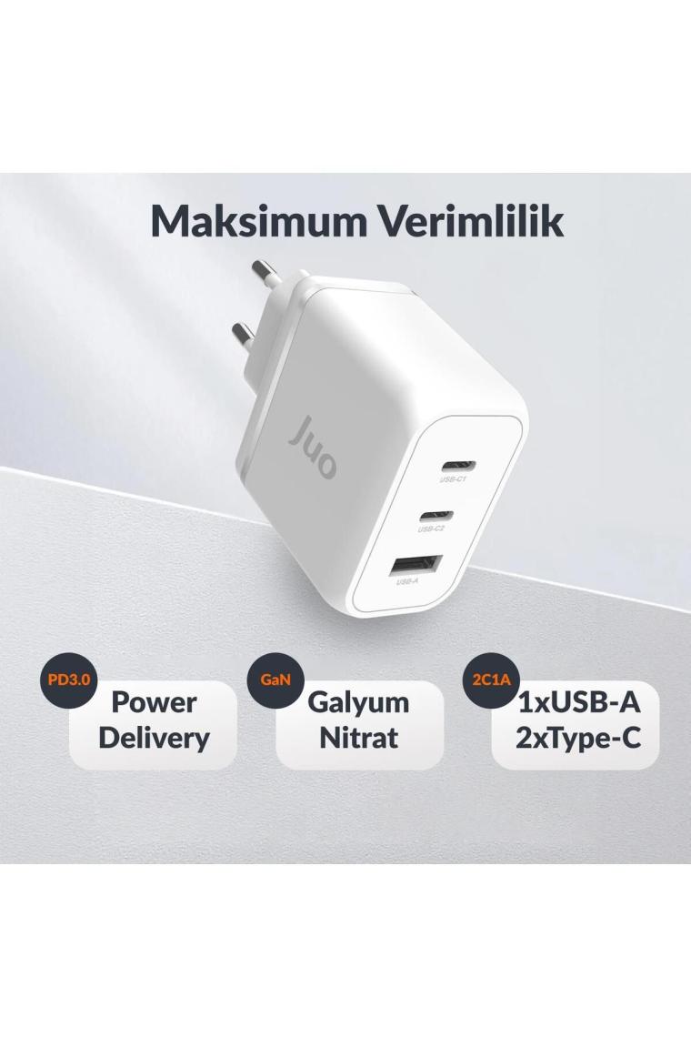 Juo 65W Usb-C + Usb-A 3 Portlu Gan Şarj Aleti iPhone & Macbook & Notebook Uyumlu Pd Type-C Hızlı Şarj Cihazı Beyaz
