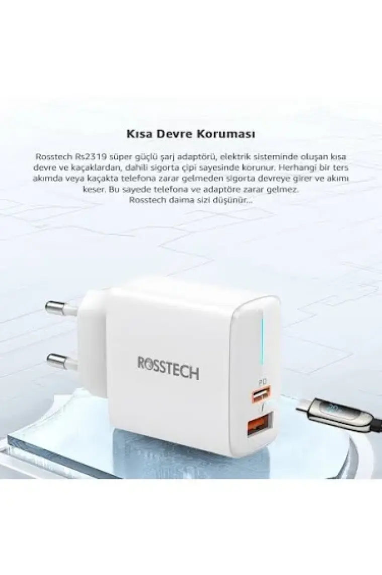 Rosstech 20W Pd LED Göstergeli Ultra Hızlı Şarj Adaptörü Usb-C Pd 20W + Usb-A Quick Charge 3.0 Dual Port (Rosstech Türkiye Garantili)