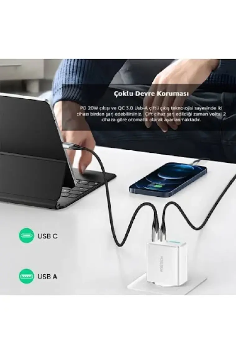 Rosstech 20W Pd LED Göstergeli Ultra Hızlı Şarj Adaptörü Usb-C Pd 20W + Usb-A Quick Charge 3.0 Dual Port (Rosstech Türkiye Garantili)